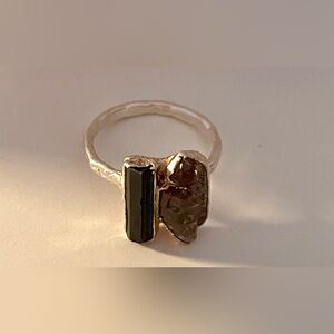 Handcrafted Sterling Silver Shield Quartz & Black Tourmaline, Ring Size 7